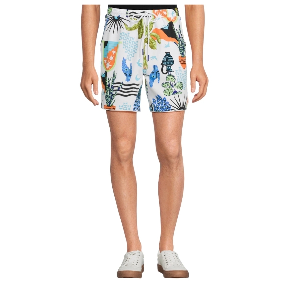 No Boundaries Men's Size 2XL (44-46) Pull On Nylon Shorts White w/Tropical Print